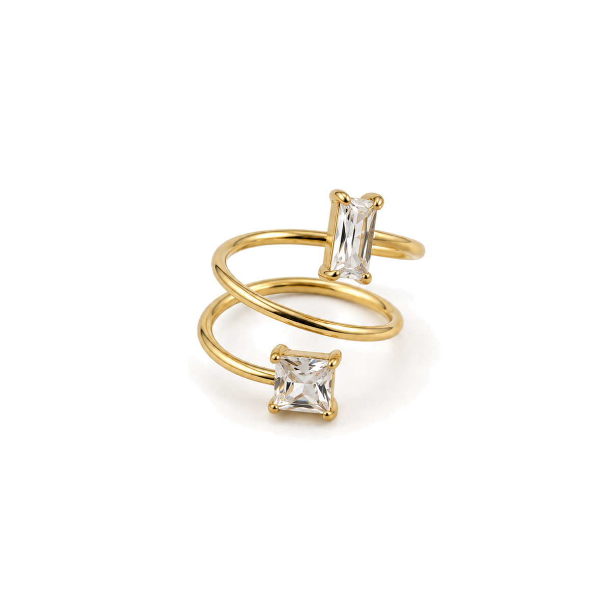 Anillo Espiral Envolvente con Cristal Baguette y Piedra Cuadrada Dorado