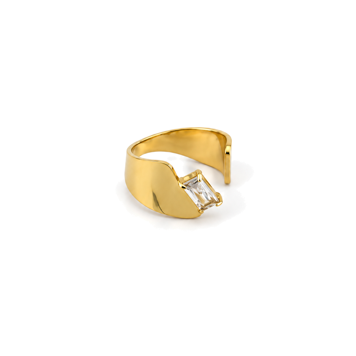 Anillo Abierto Ancho con Cristal Baguette Dorado