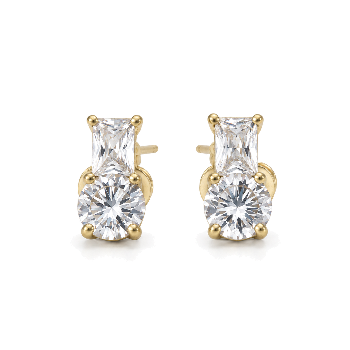 Pendientes Doble Cristal Baguette y Redondo Dorado