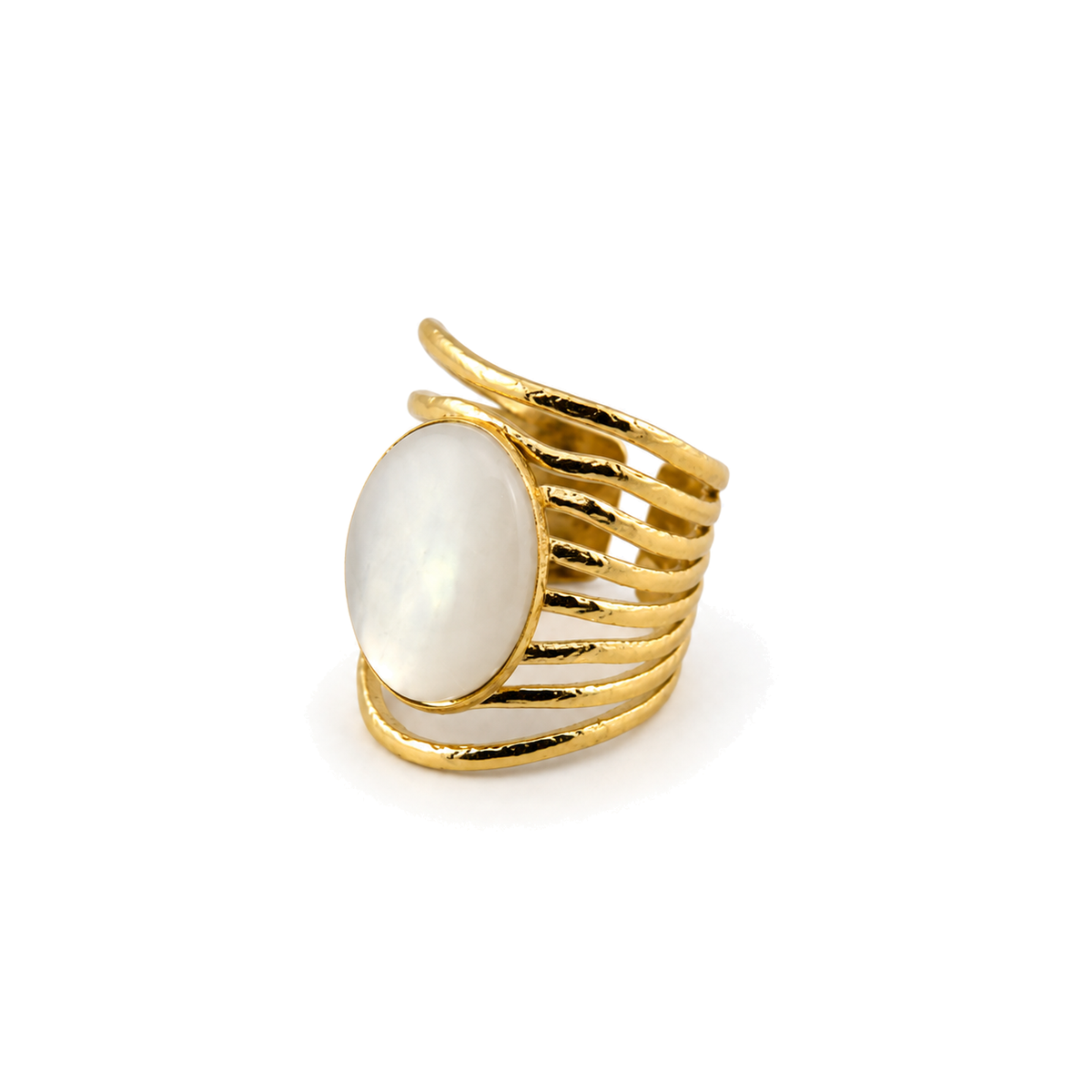 Anillo Multibanda con Piedra Ovalada Nacarada Dorado