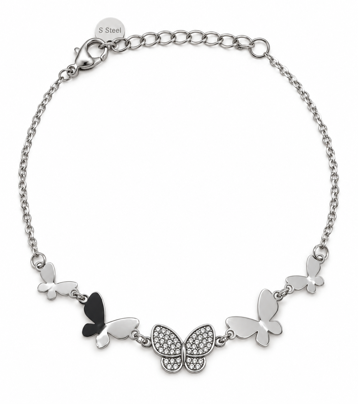 Pulsera con Mariposas negras y Cristales Plateado