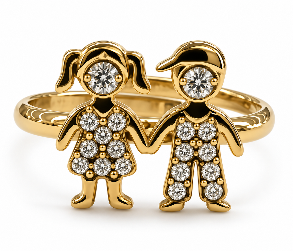 Anillo Niño y Niña con Cristales Estilo Familiar Dorado