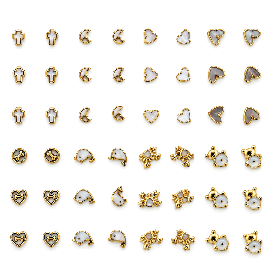 Pack de 24 Pares de Pendientes Mini con Motivos Nacarados Dorado