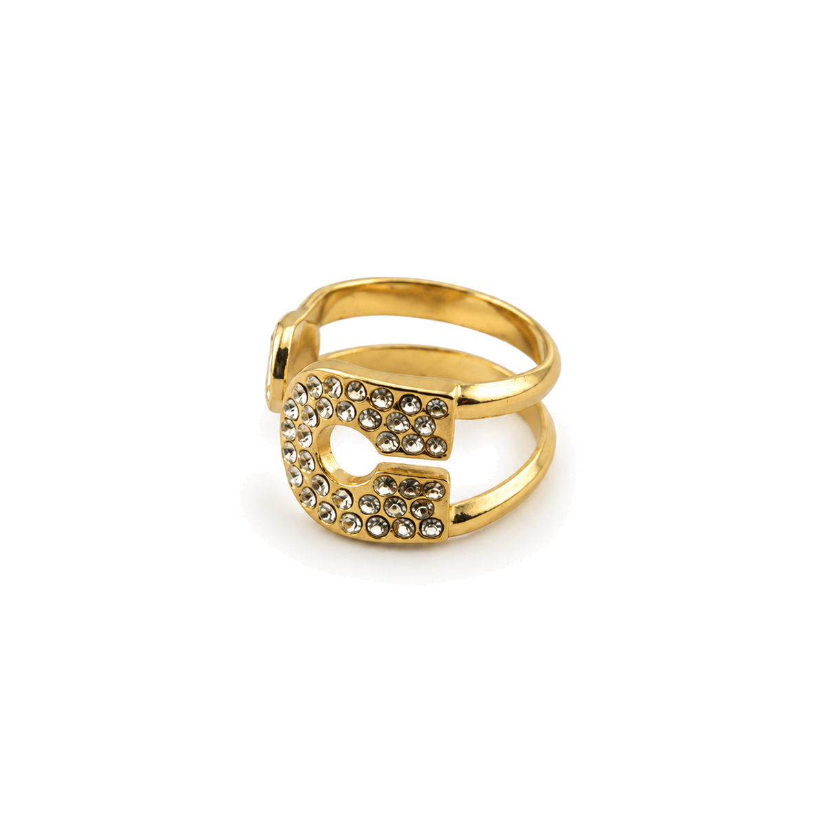 Anillo de Doble Banda con Inicial G y Cristales Dorado