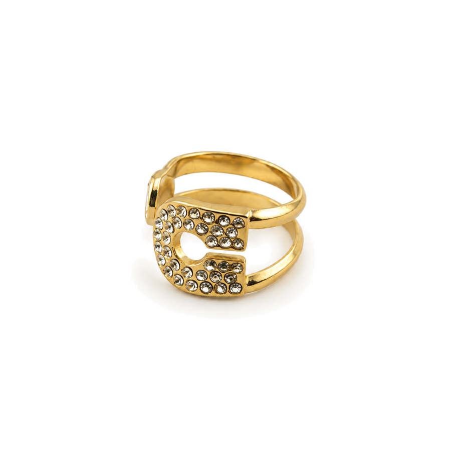 Anillo de Doble Banda con Inicial G y Cristales Dorado