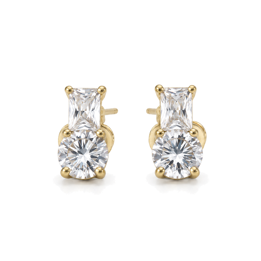 Pendientes Doble Cristal Baguette y Redondo Dorado
