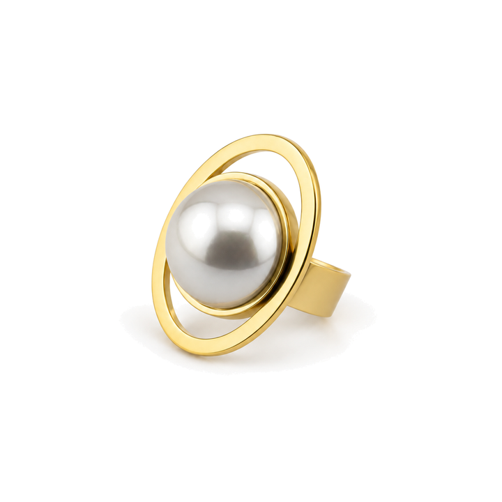Anillo Orbital con Perla Central Dorado