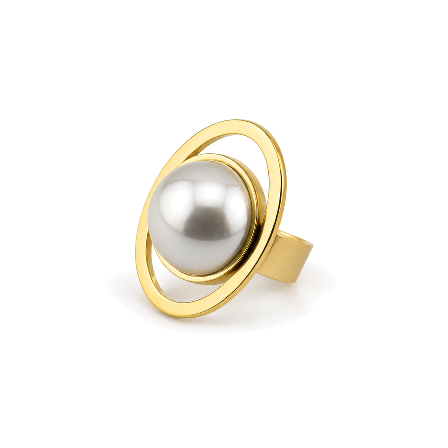 Anillo Orbital con Perla Central Dorado