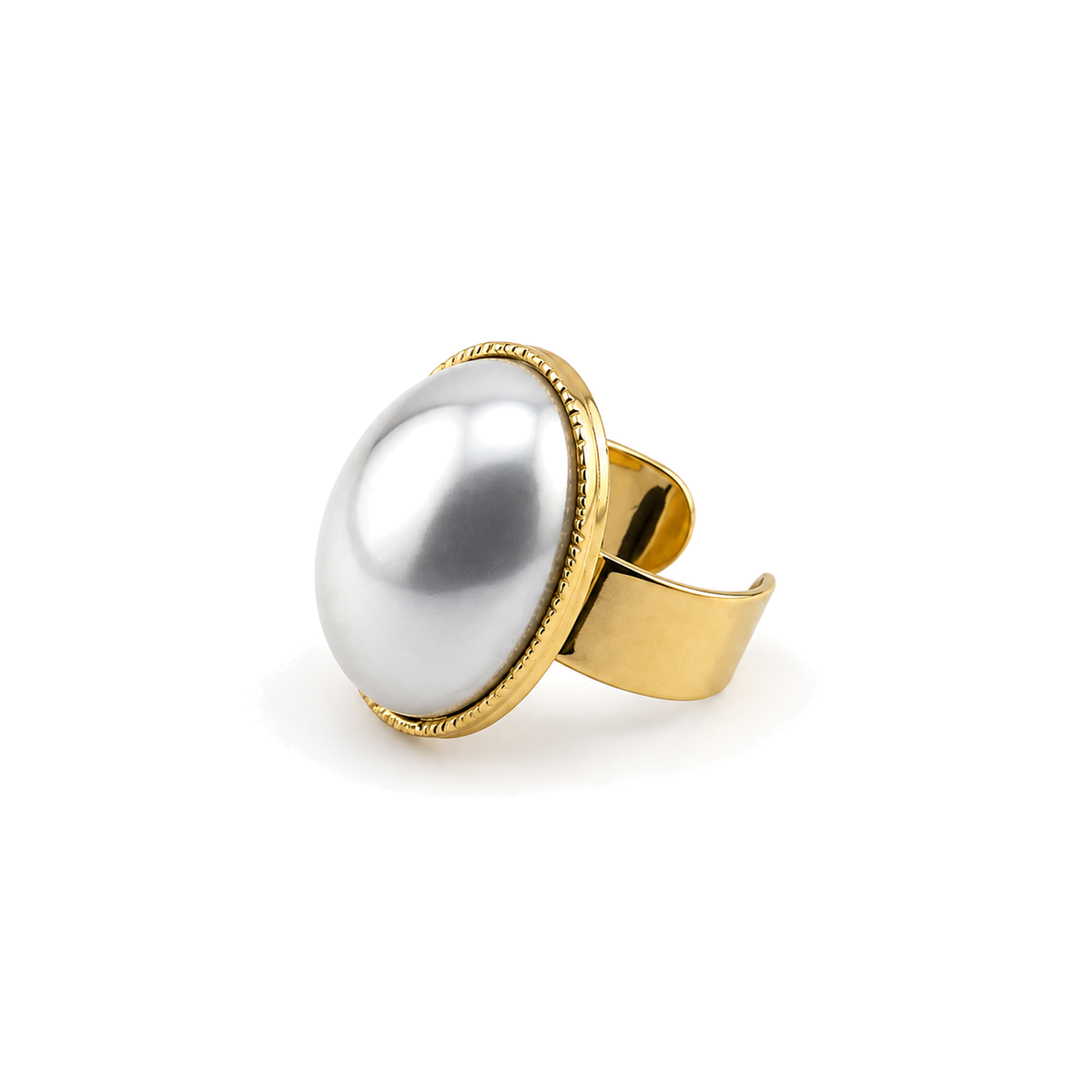 Anillo Ovalado Nacarado con Borde Labrado Dorado