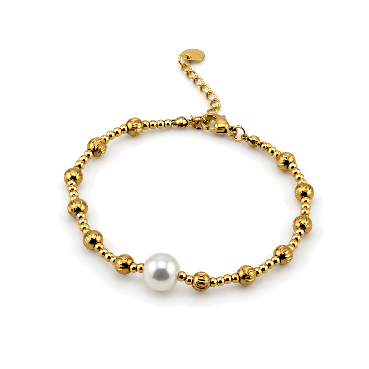 Pulsera de Bolas Texturizadas con Perla Central Dorado