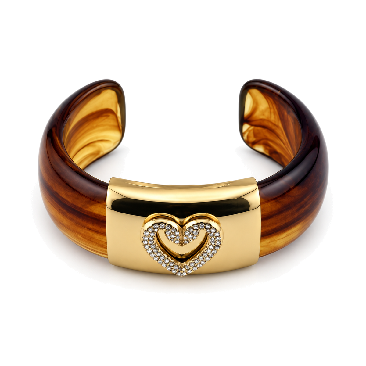 Brazalete Abierto con Corazón de Cristales Dorado