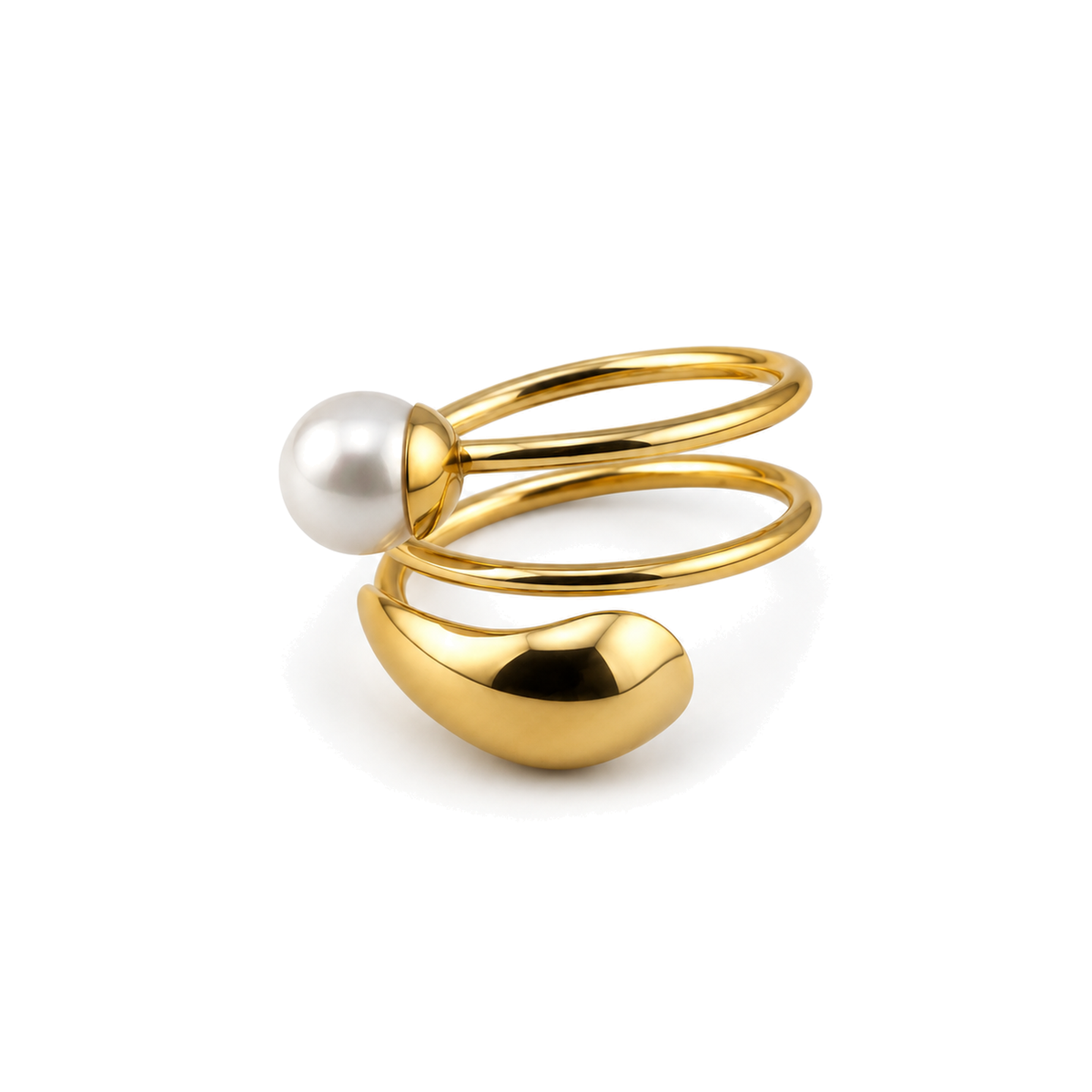 Anillo Espiral con Perla y Gota Dorado