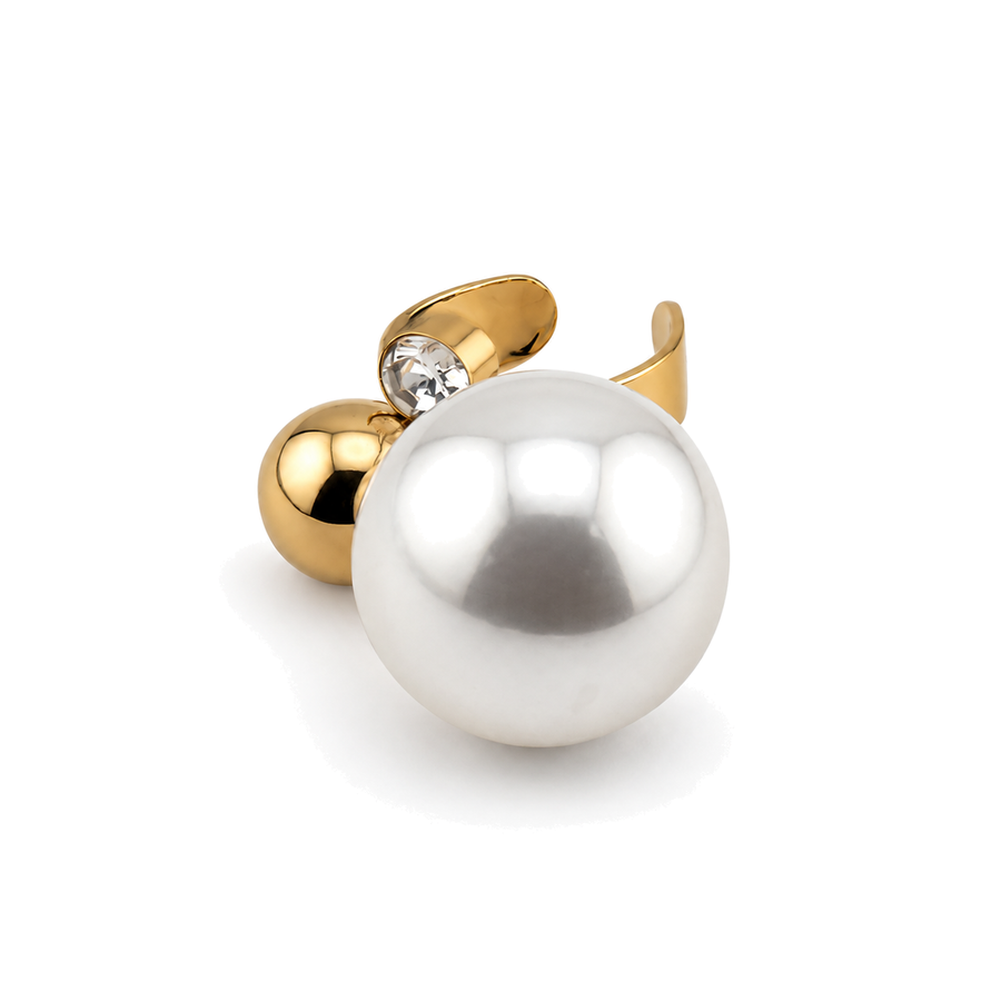 Anillo Abierto Escultural con Perla Grande, Esfera y Cristal Dorado