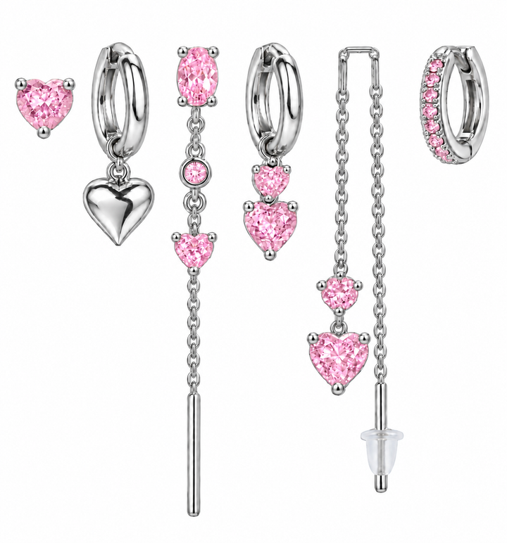 Pack de Pendientes Corazón Cristal Plateado - 3 Colores