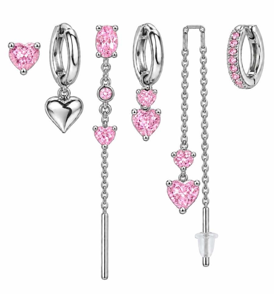 Pack de Pendientes Corazón Cristal Plateado - 3 Colores