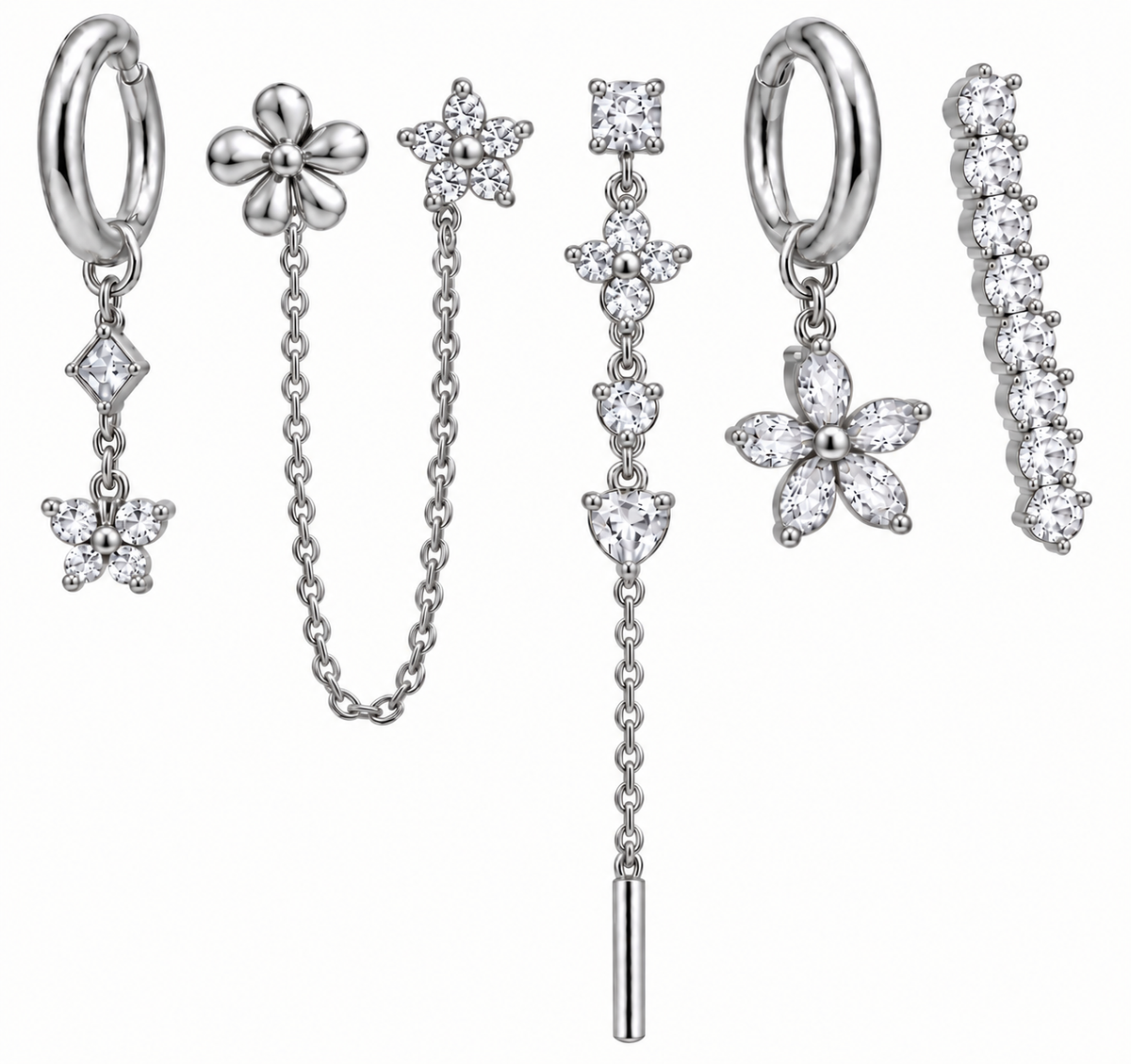 Pack de Pendientes Flores Cristal Plateado - 3 Colores
