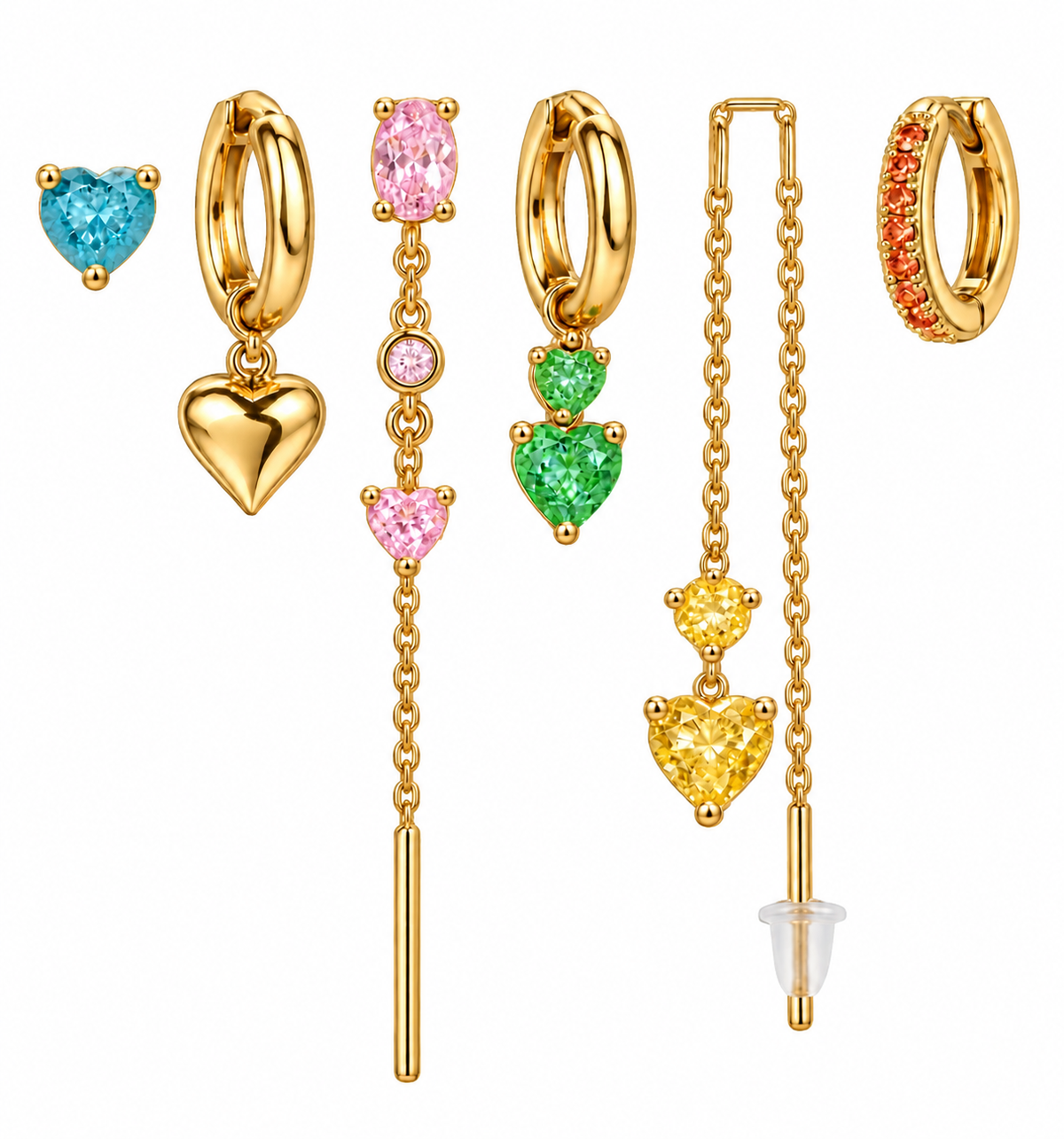 Pack de Pendientes Corazón Cristal Dorado - 6 Colores