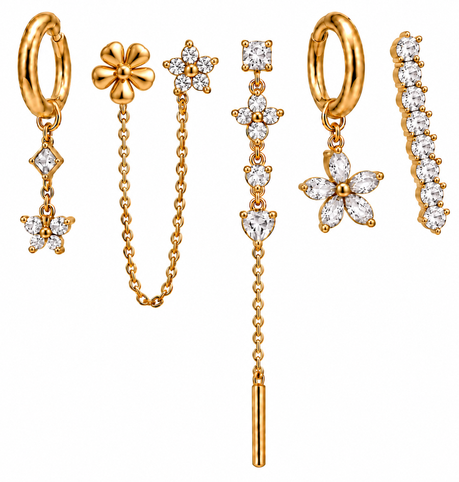Pack de Pendientes Flores Cristal Dorado - 6 Colores