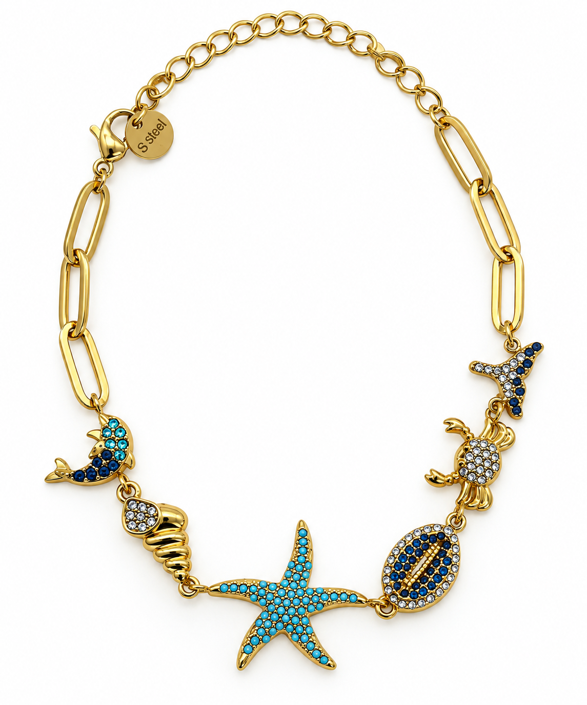 Pulsera Charms Marinos y Cristales Azules Dorado