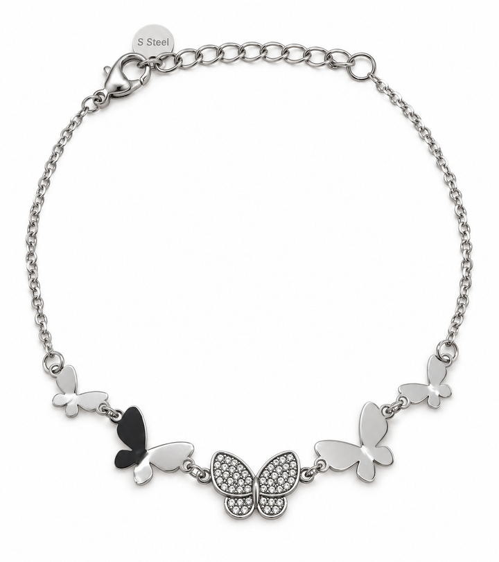 Pulsera con Mariposas negras y Cristales Plateado