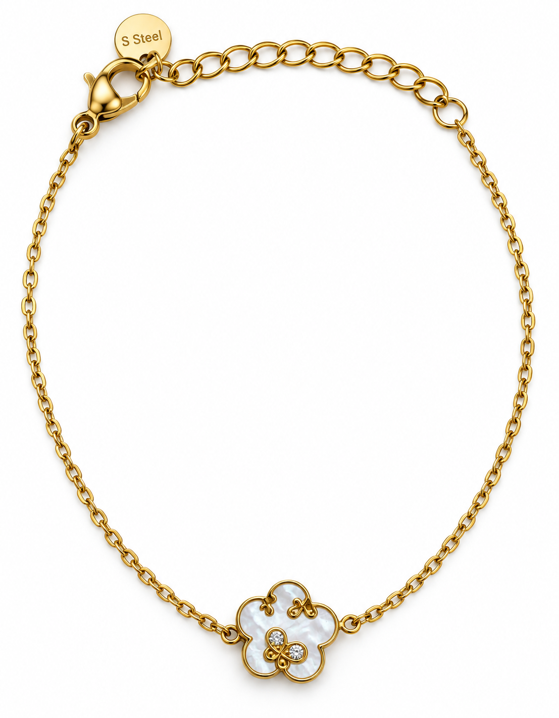 Pulsera Flor de Nácar y Mariposa Dorado