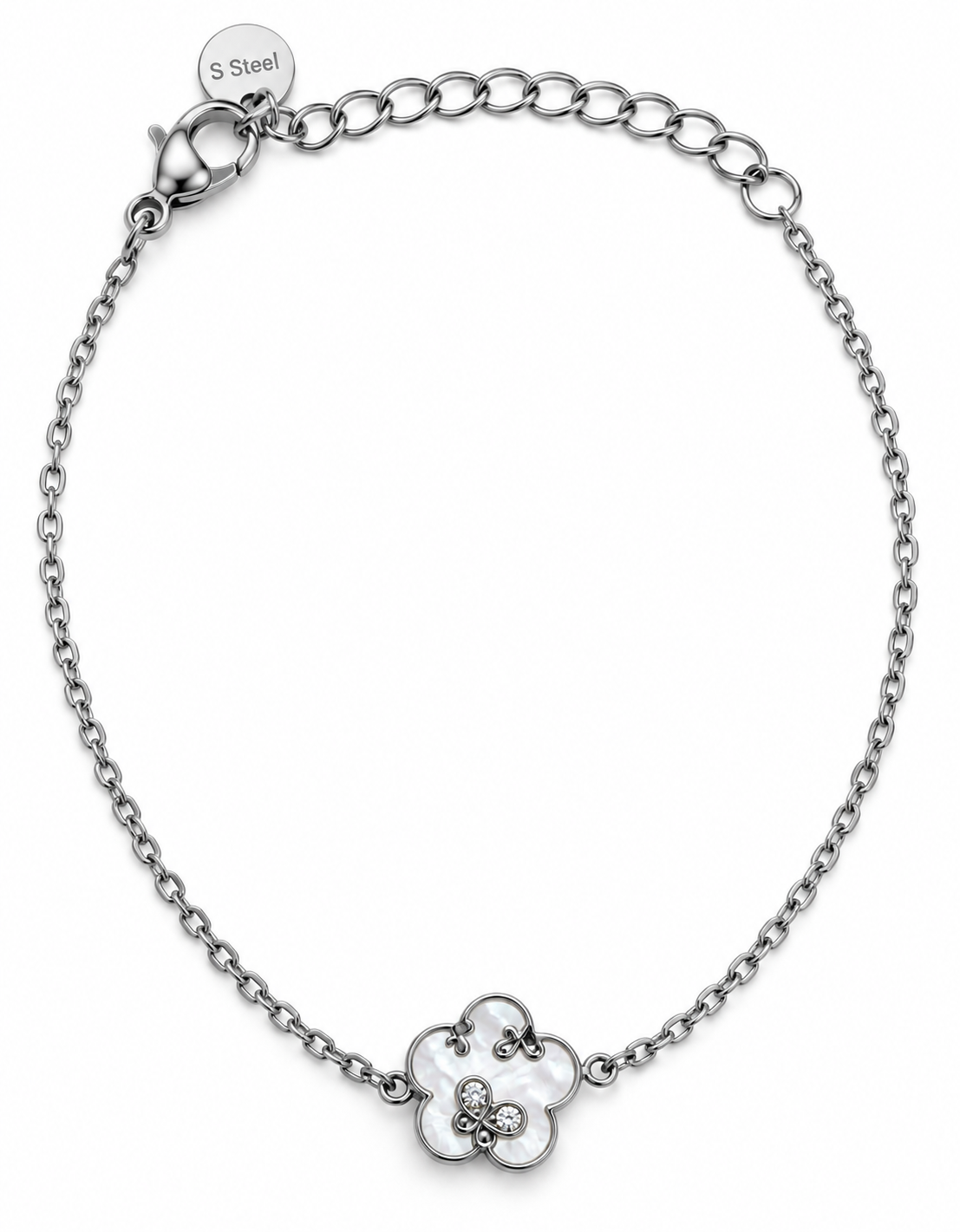 Pulsera Flor de Nácar y Mariposa Plateado