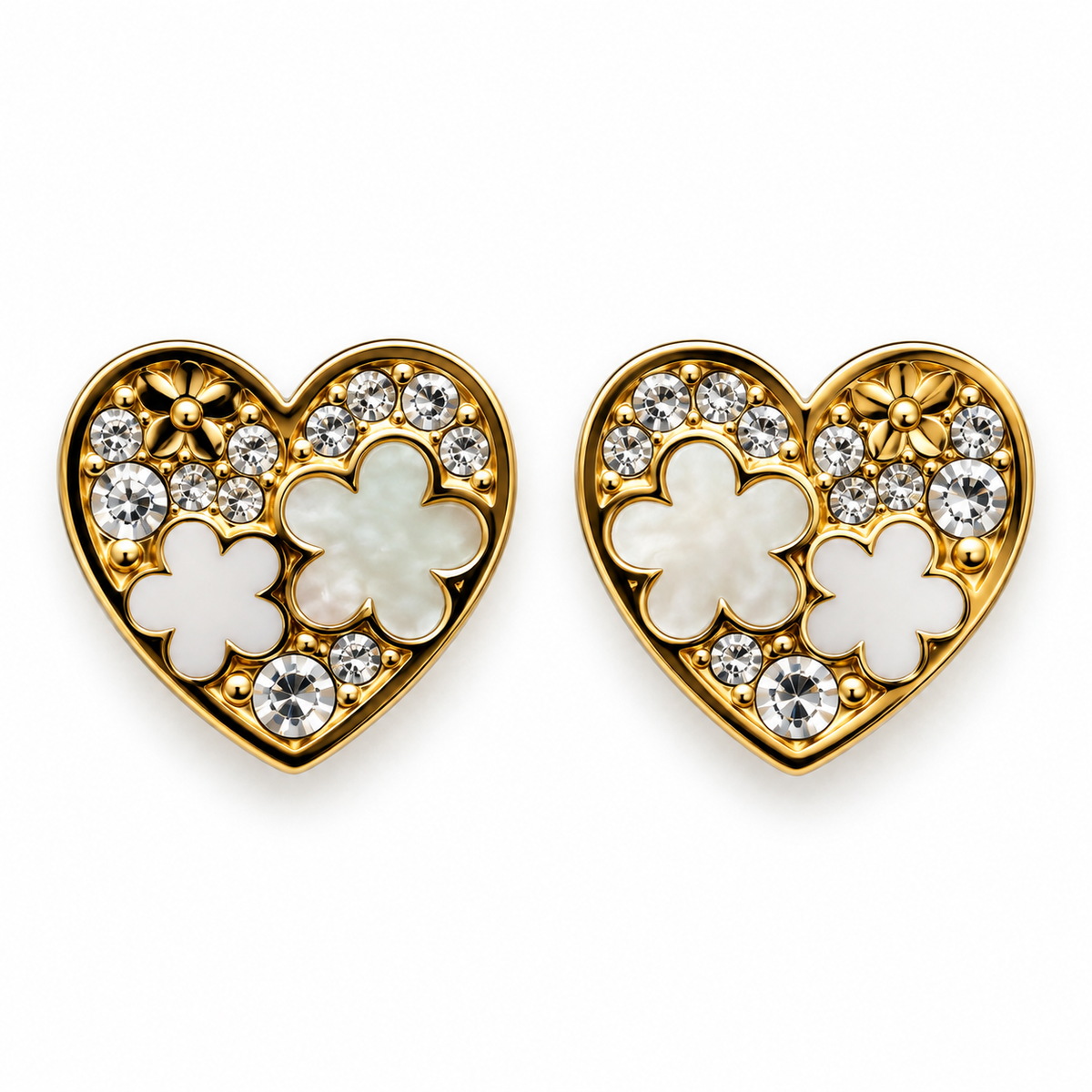 Pendientes Corazón con Flores Nacaradas Dorado