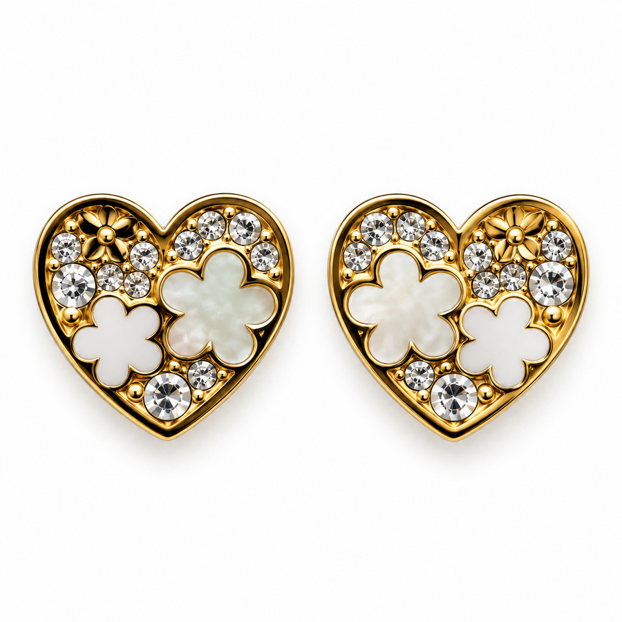 Pendientes Corazón con Flores Nacaradas Dorado