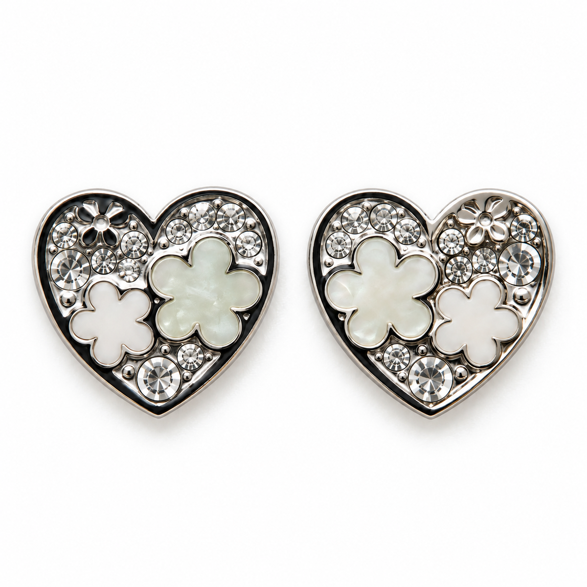 Pendientes Corazón con Flores y Cristales Plateado