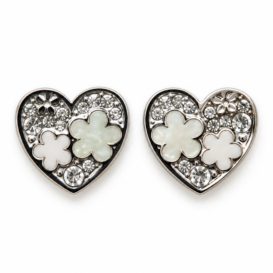 Pendientes Corazón con Flores y Cristales Plateado