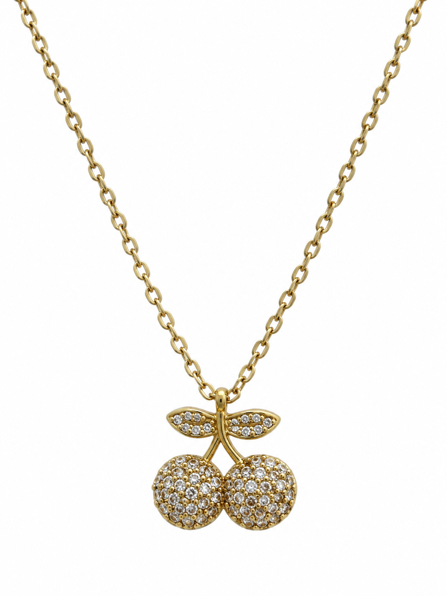 Collar con Cerezas de Cristales y Hojas Brillantes Dorado