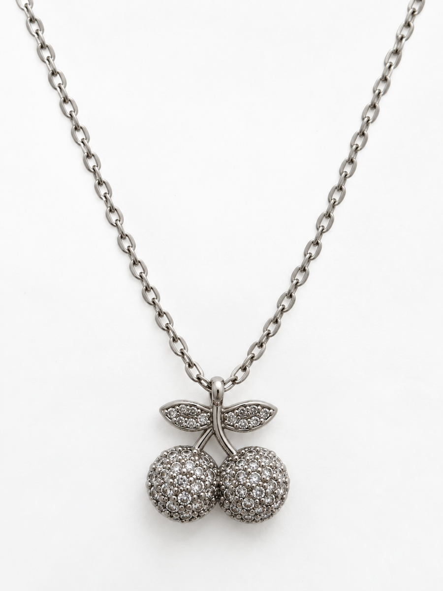 Collar con Colgante de Cerezas y Cristales Plateado
