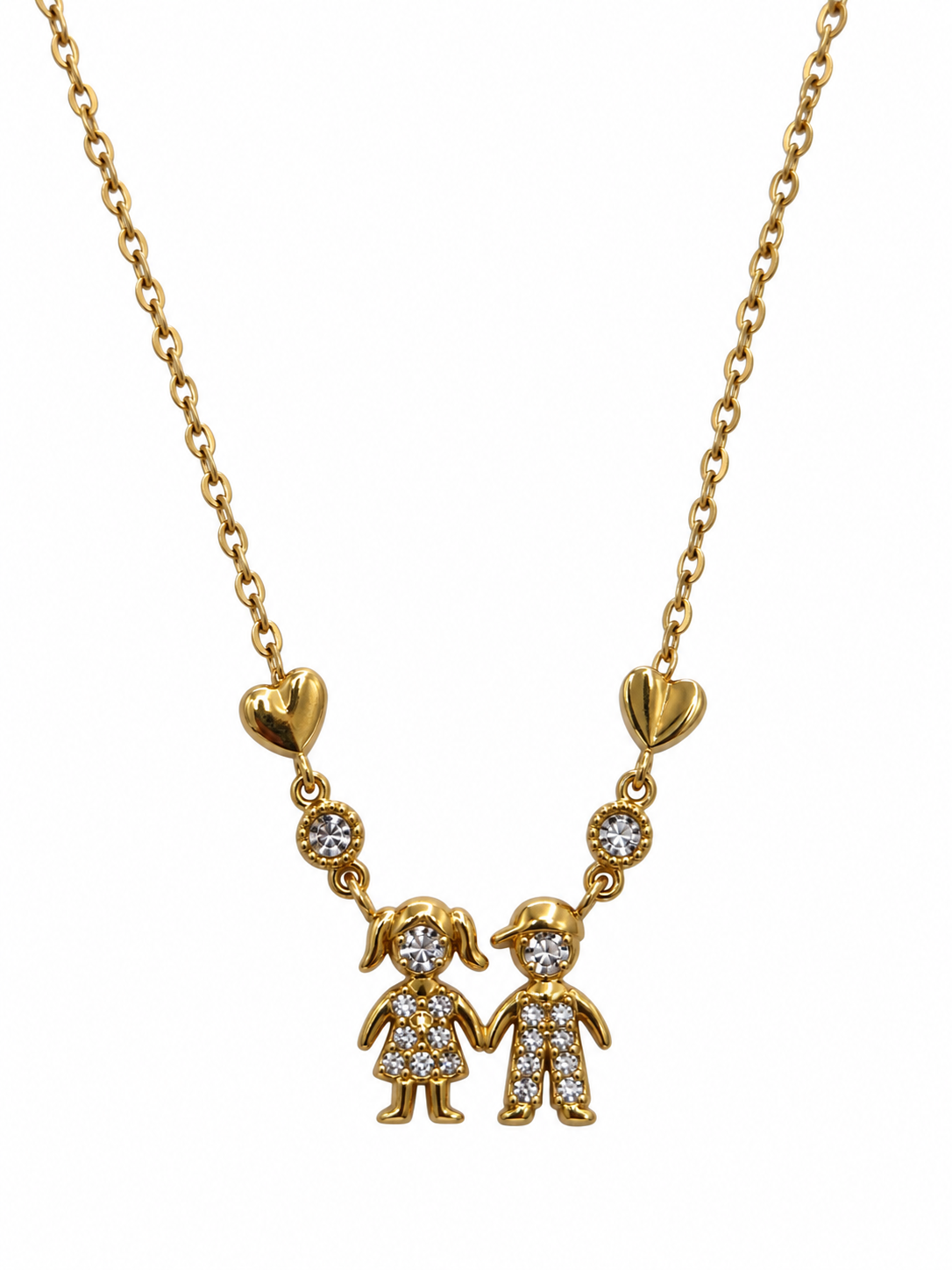 Collar Niño y Niña con Cristales y Corazones Dorado