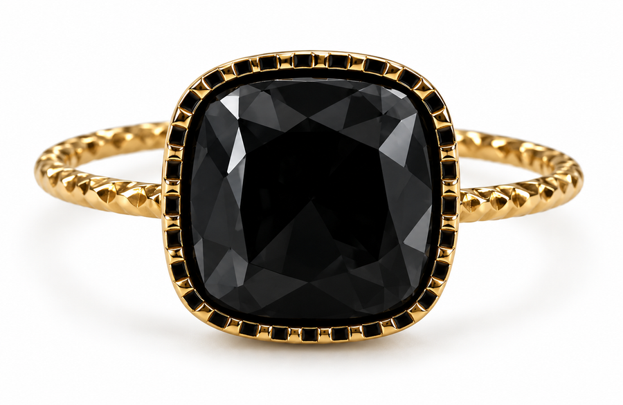 Anillo Vintage con Piedra Cuadrada Facetada y Borde Negro Dorado