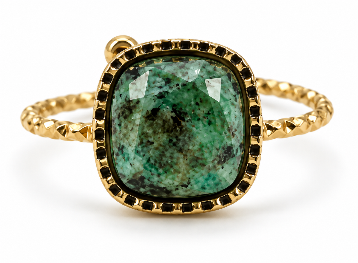 Anillo Vintage con Piedra Cuadrada Facetada y Borde Negro Dorado