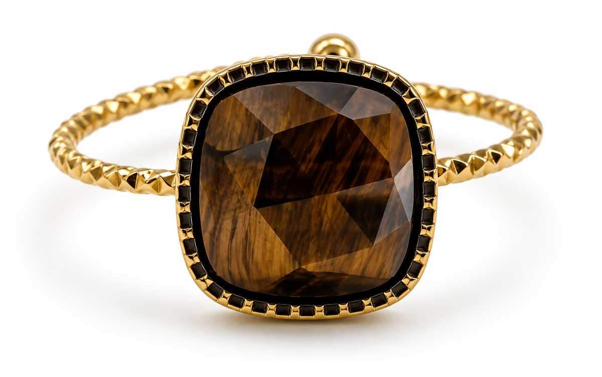 Anillo Vintage con Piedra Cuadrada Facetada y Borde Negro Dorado
