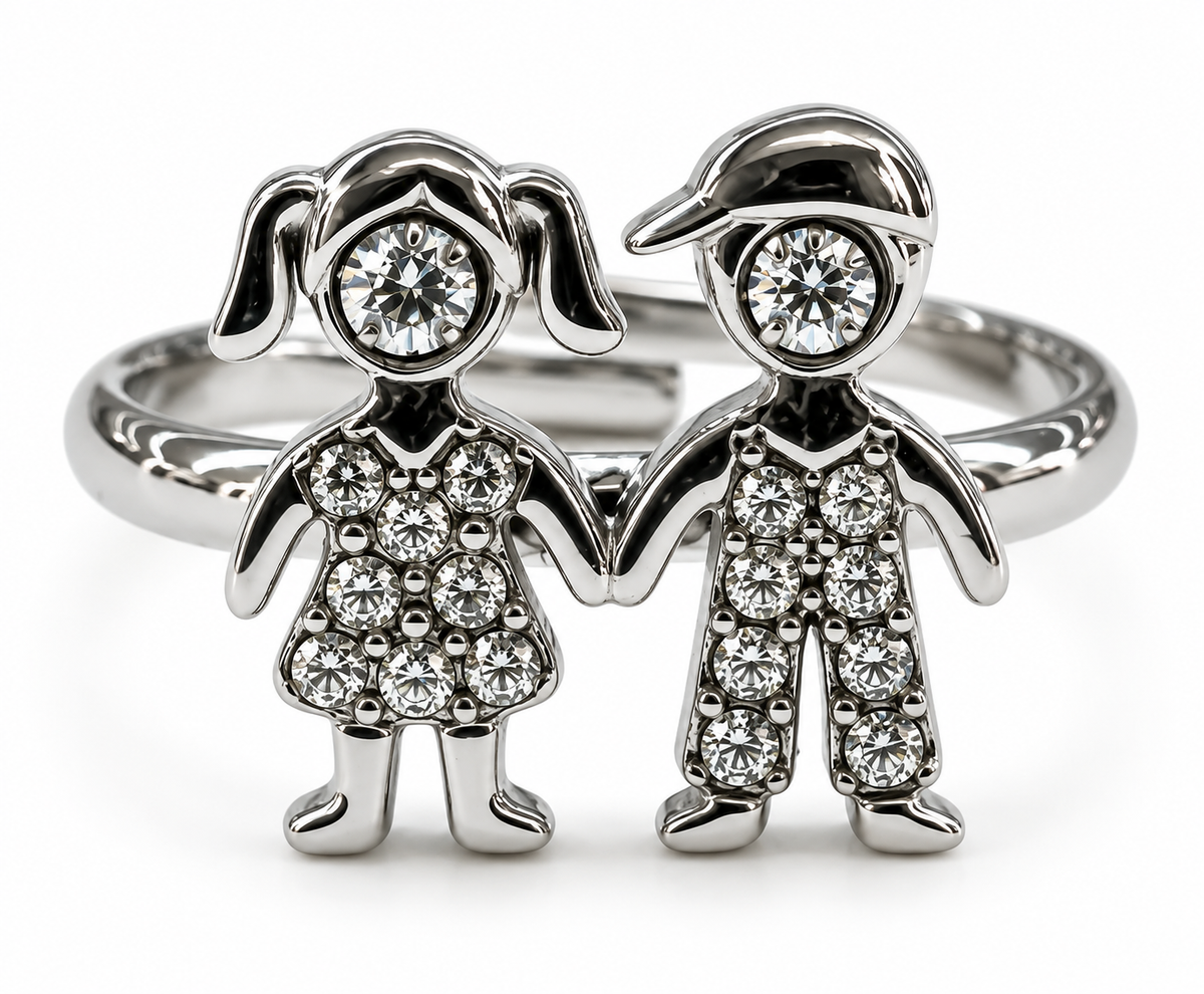 Anillo Niño y Niña con Cristales y Diseño Familiar Plateado