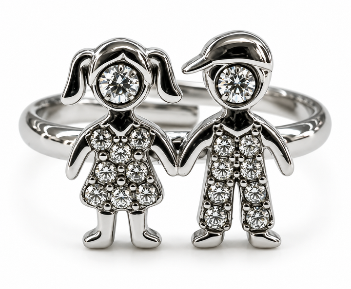 Anillo Niño y Niña con Cristales y Diseño Familiar Plateado
