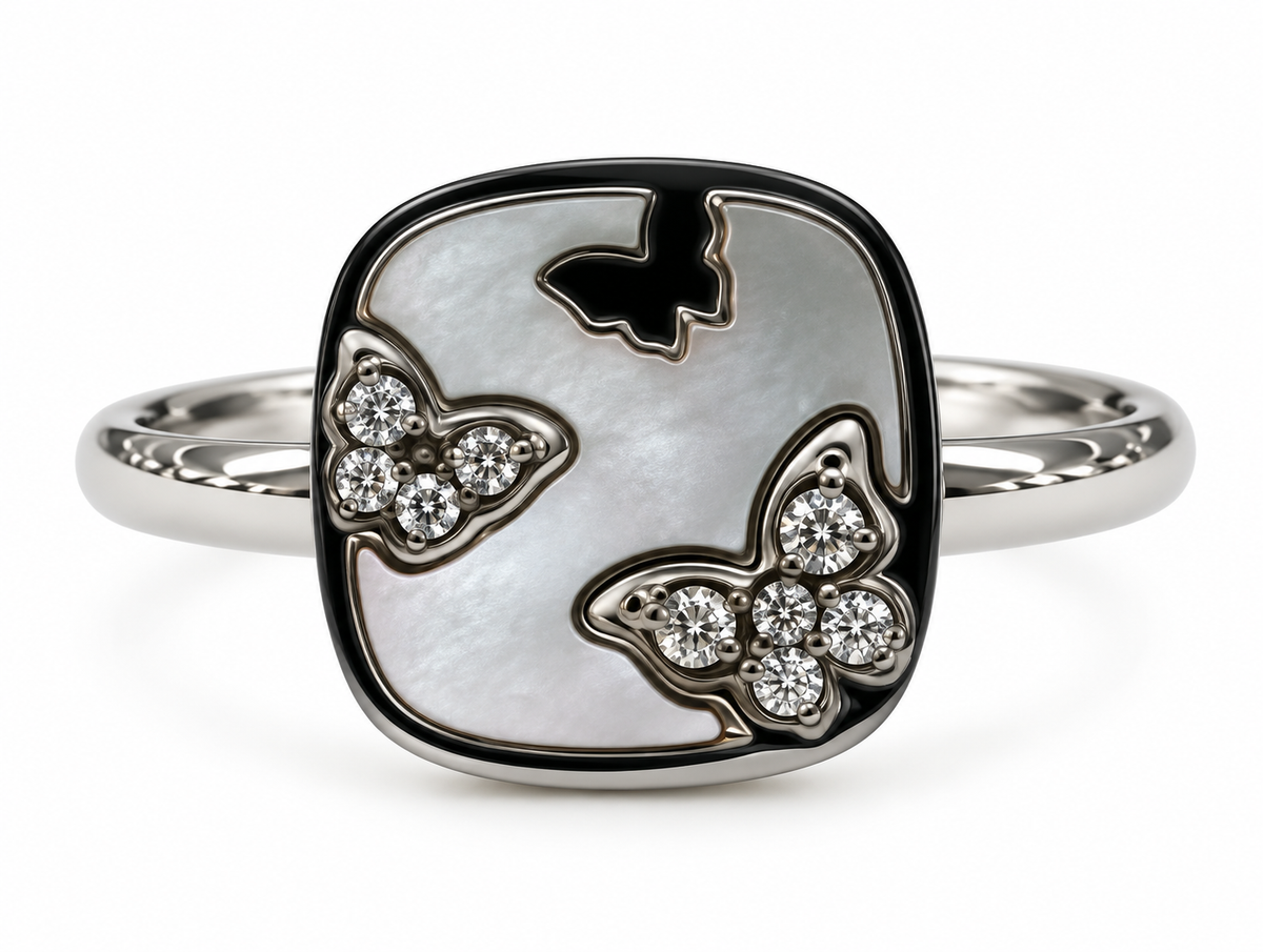 Anillo Cuadrado Nacarado con Mariposas Plateado