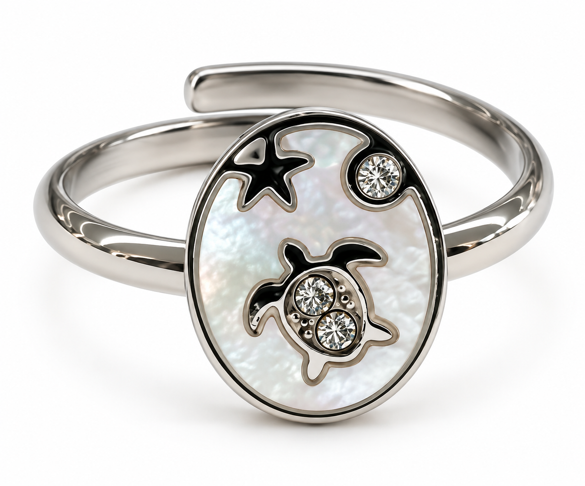Anillo Ovalado Nacarado con Marino Plateado