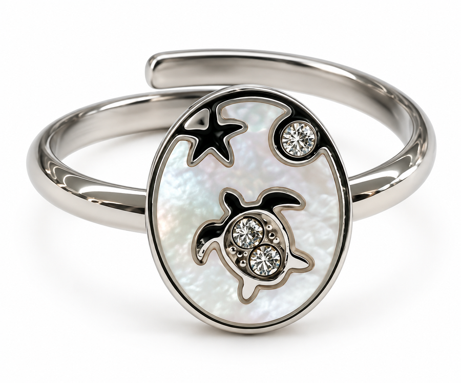 Anillo Ovalado Nacarado con Marino Plateado