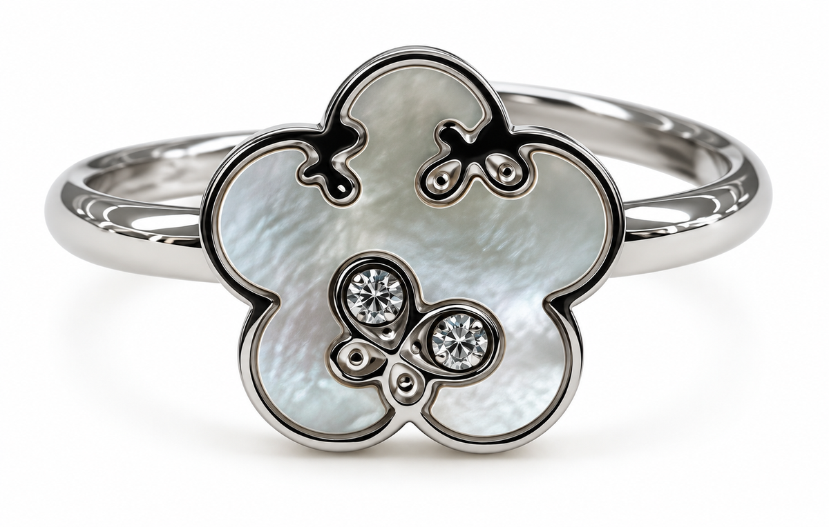 Anillo Flor Nacarada con Mariposas Plateado