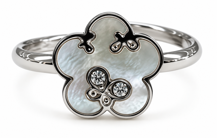 Anillo Flor Nacarada con Mariposas Plateado