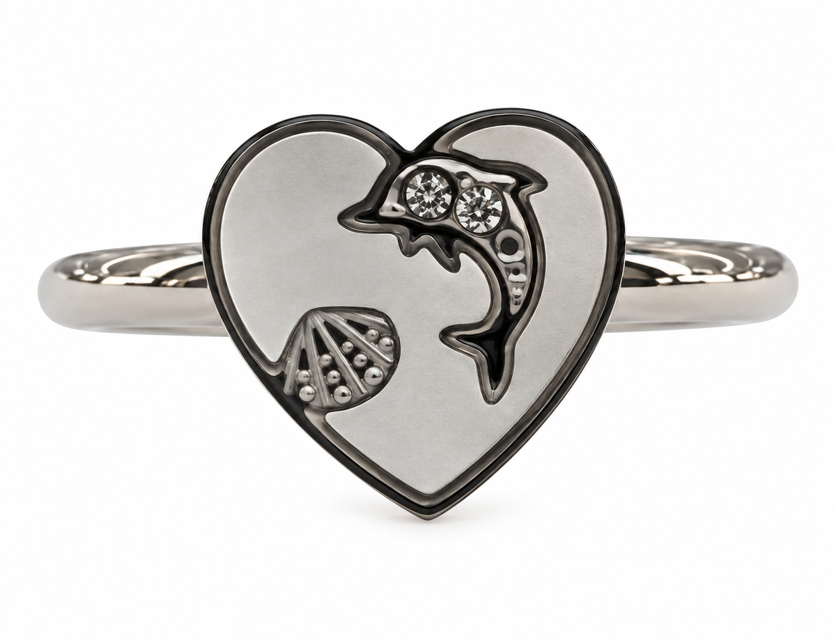 Anillo  Corazón Nacarado con Delfín y Concha Marina Plateado