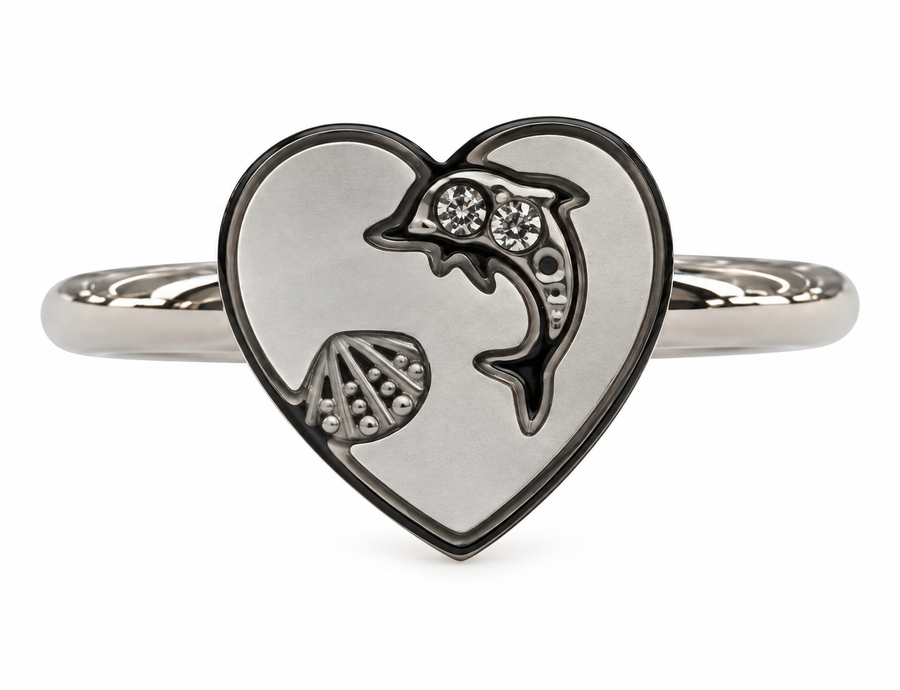 Anillo  Corazón Nacarado con Delfín y Concha Marina Plateado
