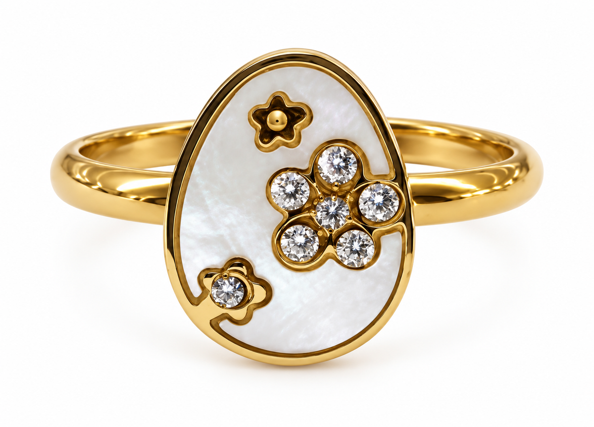 Anillo Ovalado Nacarado con Flores Dorado