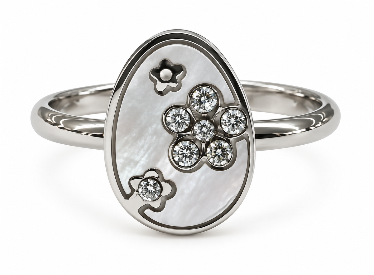 Anillo Ovalado Nacarado con Flores Plateado