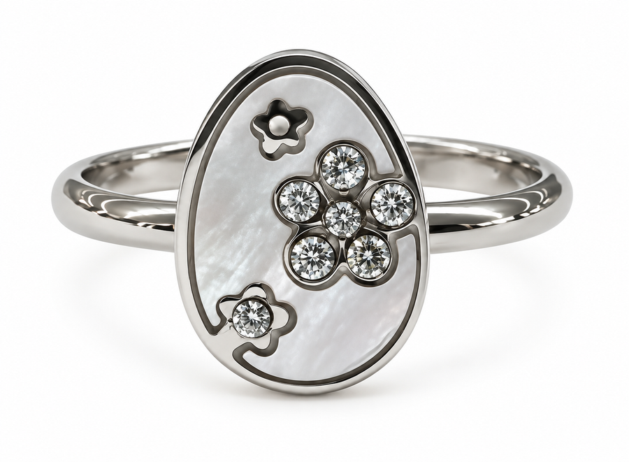 Anillo Ovalado Nacarado con Flores Plateado