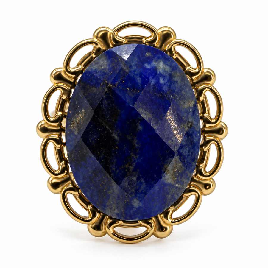 Anillo Vintage Piedra Ovalada Facetada y Marco Calado Dorado - 6 Colores